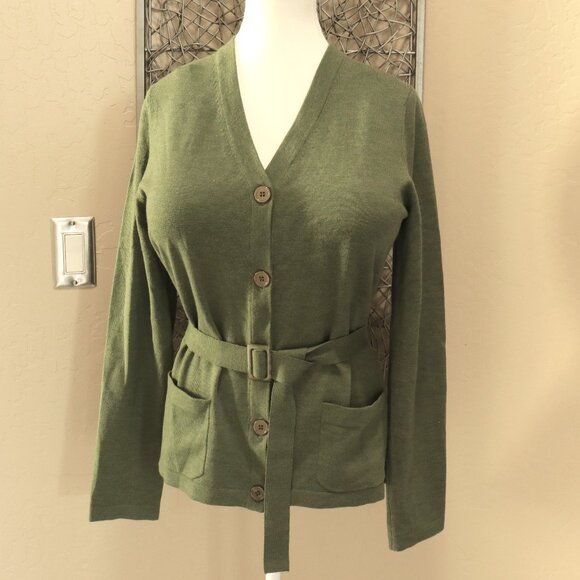 Bloomingdale's Sweaters - Bloomingdale's Large Green, Long Wool, Belted Cardigan.